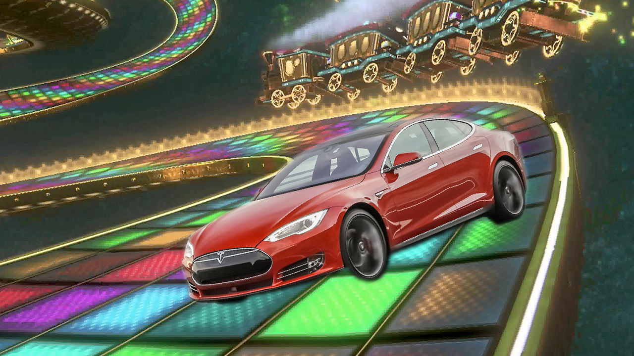 Mit einem Tesla über die Rainbow Road!